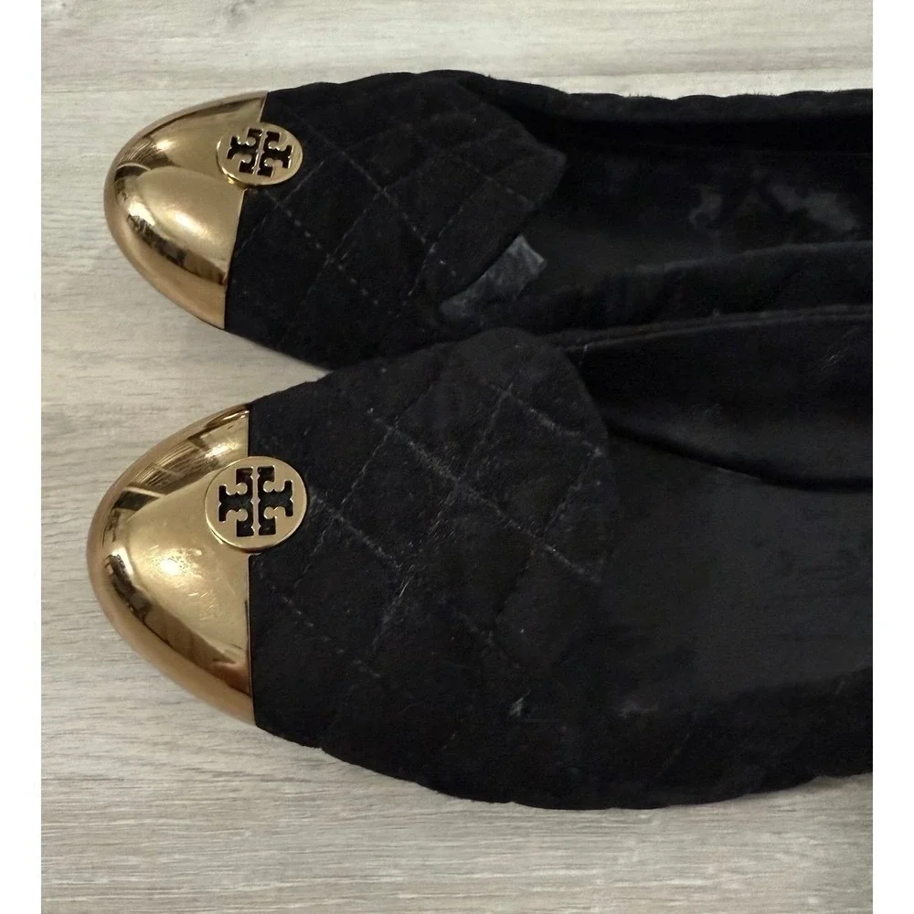 Tory Burch Quilted Suede Cap Toe Flats Women 7 Black Gold Good Logo Medallion